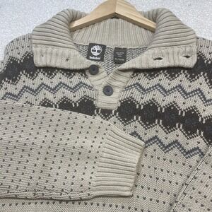 Timberland Sweater Mens XL Beige Fair Isle Button Shawl Neck Cotton heavy
